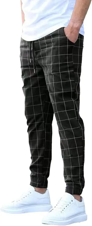 Men's Slim Fit Plaid Pencil Pants Chinos Flat Front Tapered Trousers Casual Business Sports Dress Pants