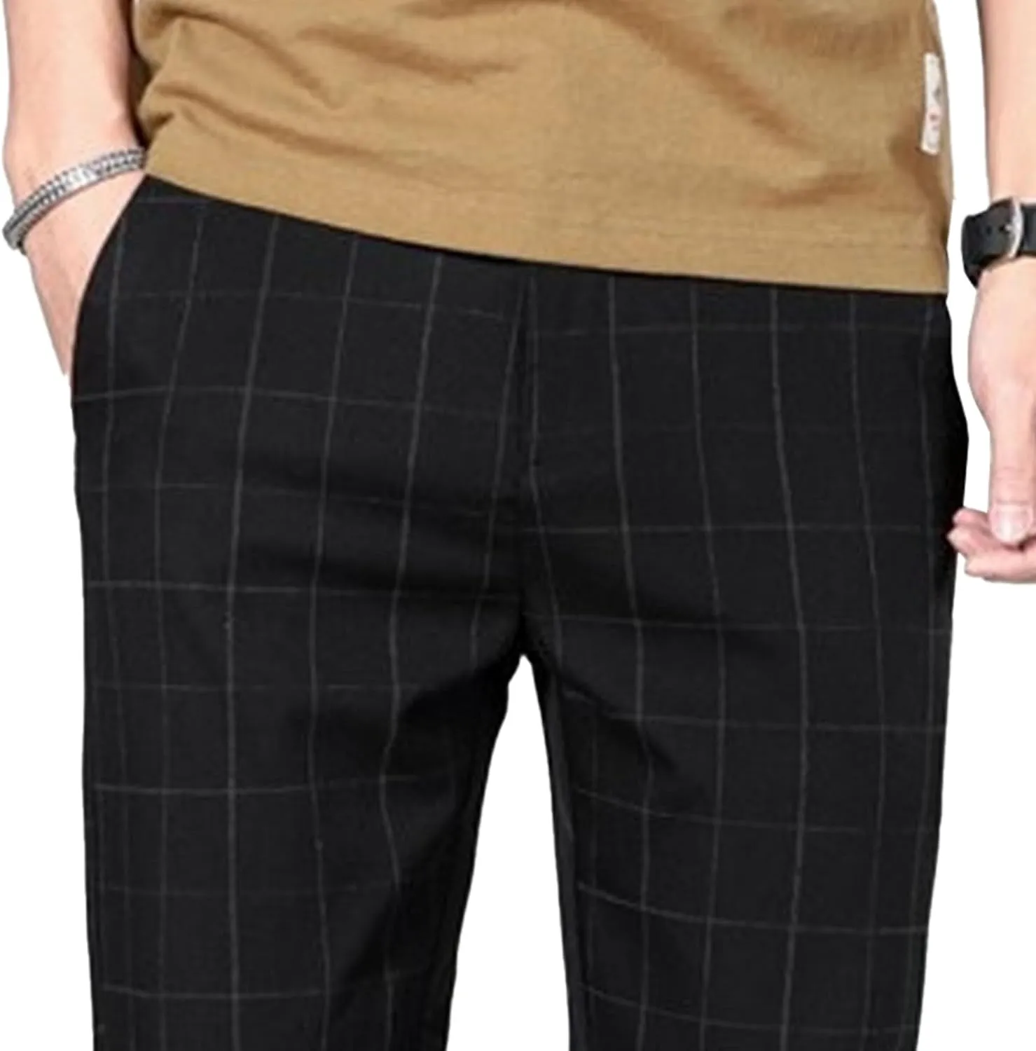 Men's Slim Fit Plaid Pencil Pants Chinos Flat Front Tapered Trousers Casual Business Sports Dress Pants