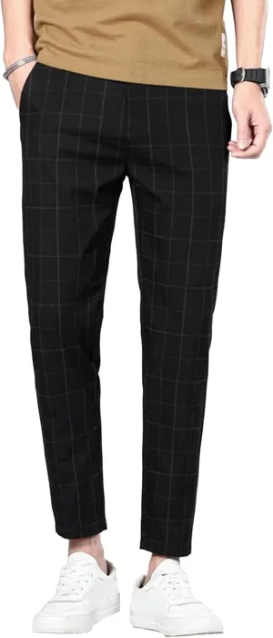 Men's Slim Fit Plaid Pencil Pants Chinos Flat Front Tapered Trousers Casual Business Sports Dress Pants