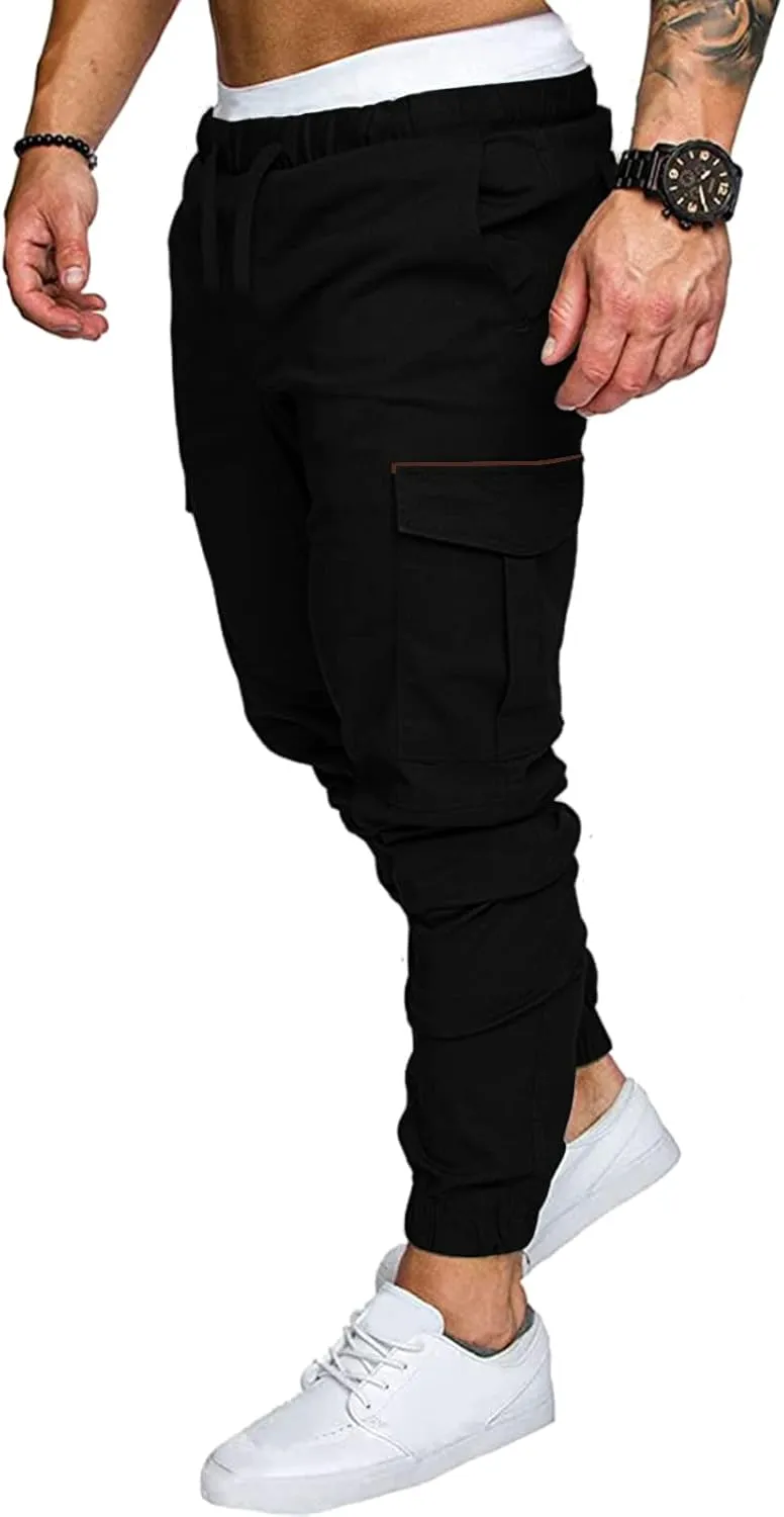 Mens Workout Cargo Sweatpants Pro-Active Performance Fleece Cargo Sweatpants Relax Fit Bungee Cord Open Bottom Mens