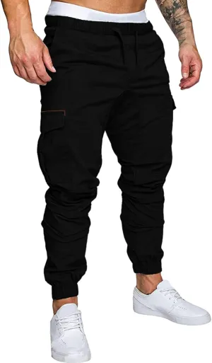 Mens Workout Cargo Sweatpants Pro-Active Performance Fleece Cargo Sweatpants Relax Fit Bungee Cord Open Bottom Mens