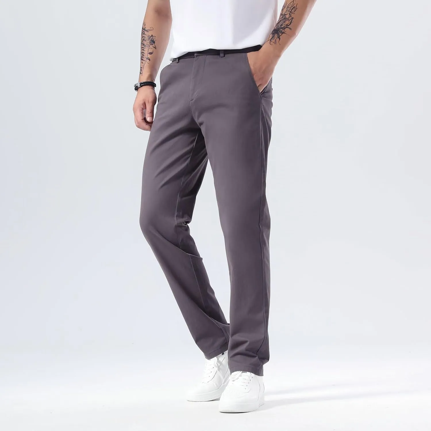 Plaid&Plain Mens Slim Fit Khaki Pants Mens Tapered Chino Pants