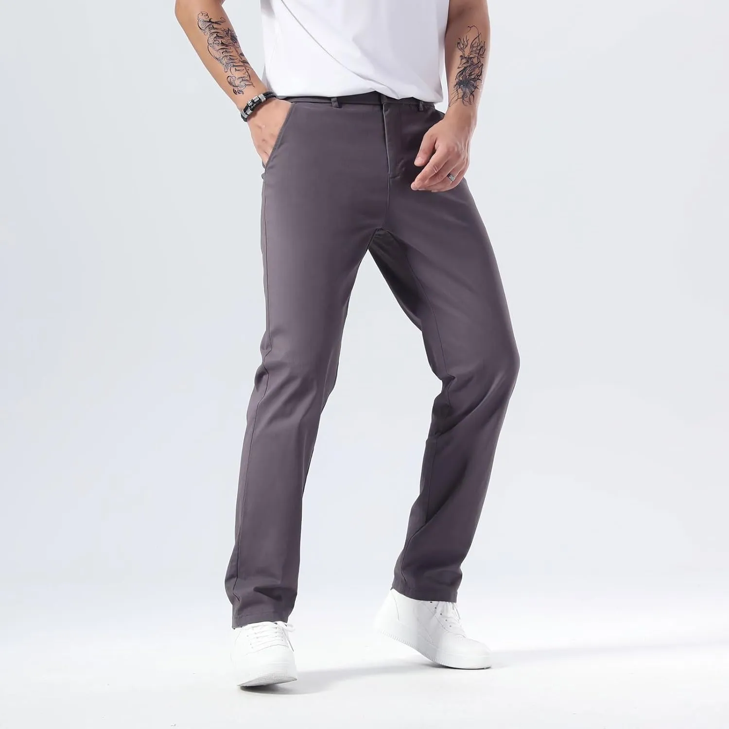 Plaid&Plain Mens Slim Fit Khaki Pants Mens Tapered Chino Pants