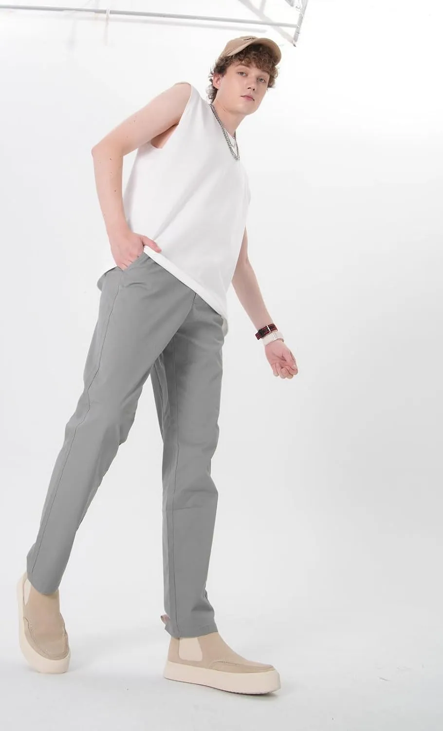 Plaid&Plain Mens Slim Fit Khaki Pants Mens Tapered Chino Pants
