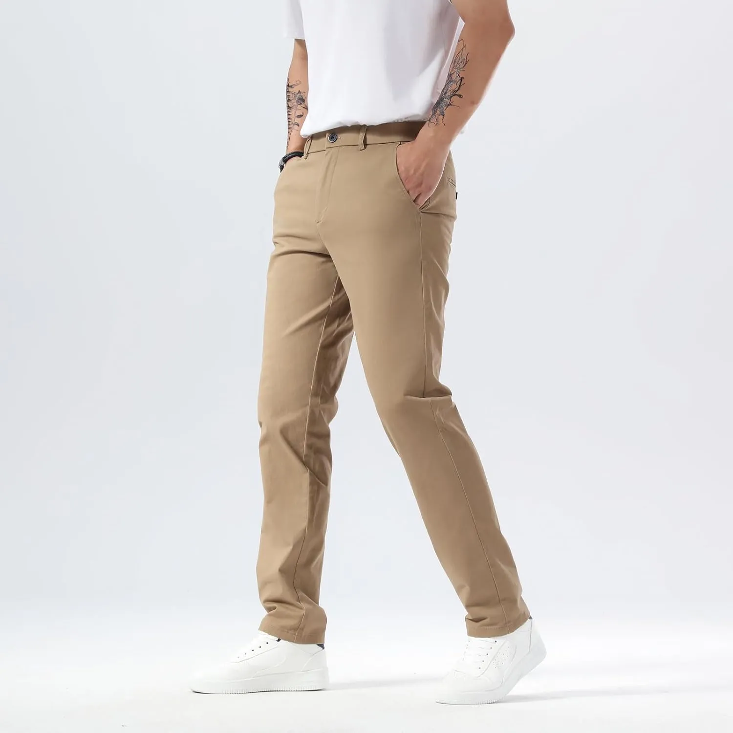 Plaid&Plain Mens Slim Fit Khaki Pants Mens Tapered Chino Pants