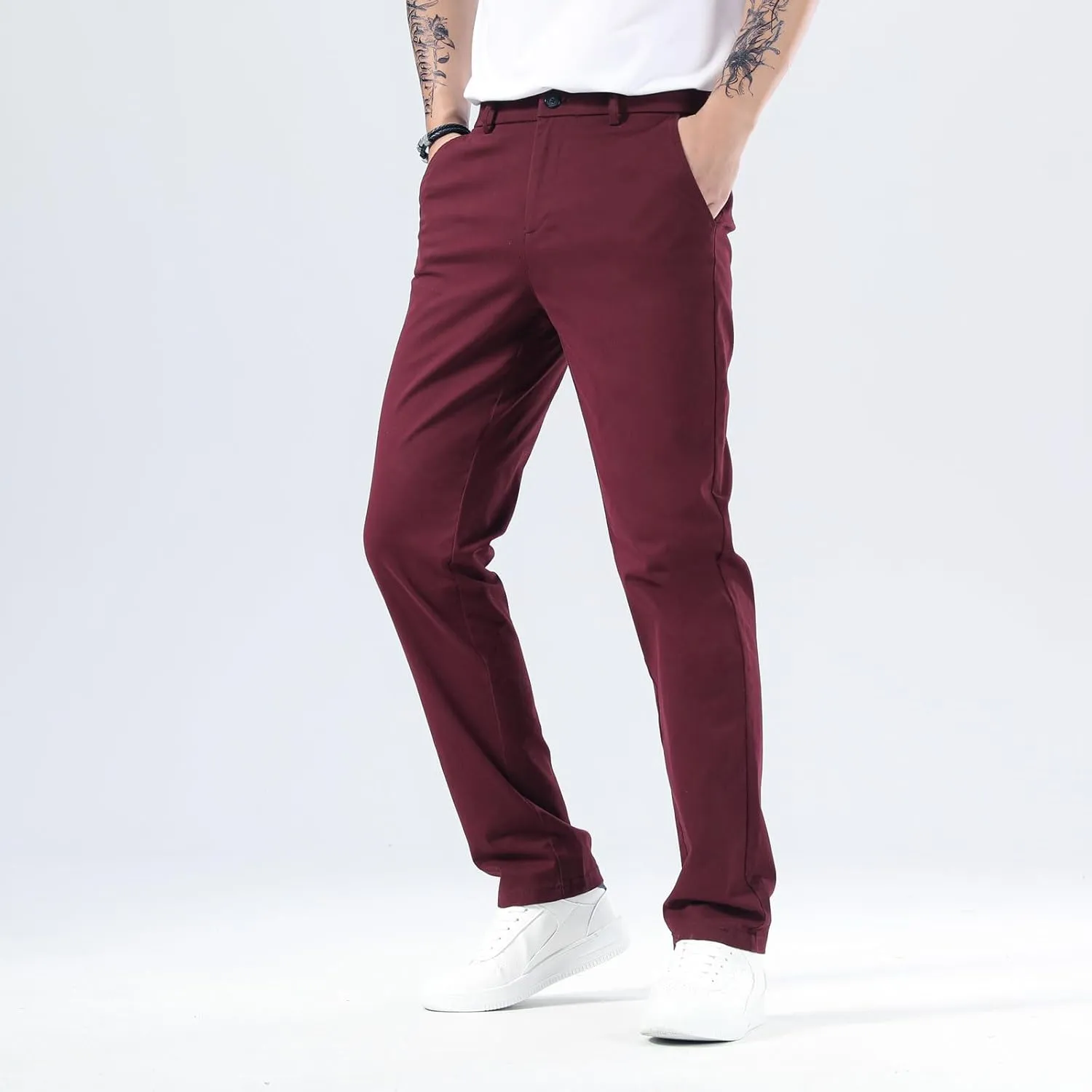 Plaid&Plain Mens Slim Fit Khaki Pants Mens Tapered Chino Pants