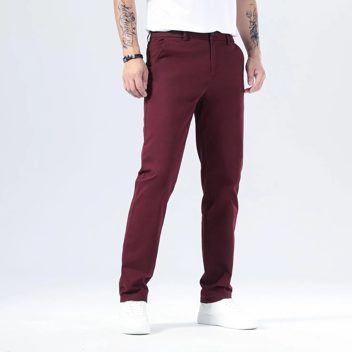 Plaid&Plain Mens Slim Fit Khaki Pants Mens Tapered Chino Pants