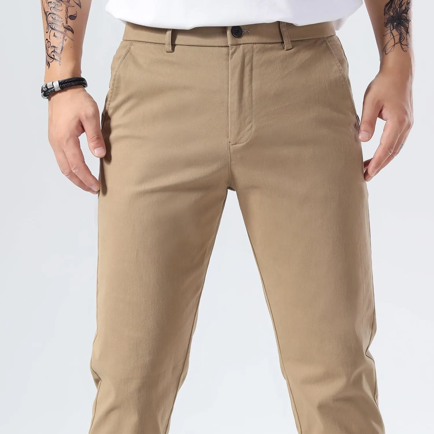 Plaid&Plain Mens Slim Fit Khaki Pants Mens Tapered Chino Pants