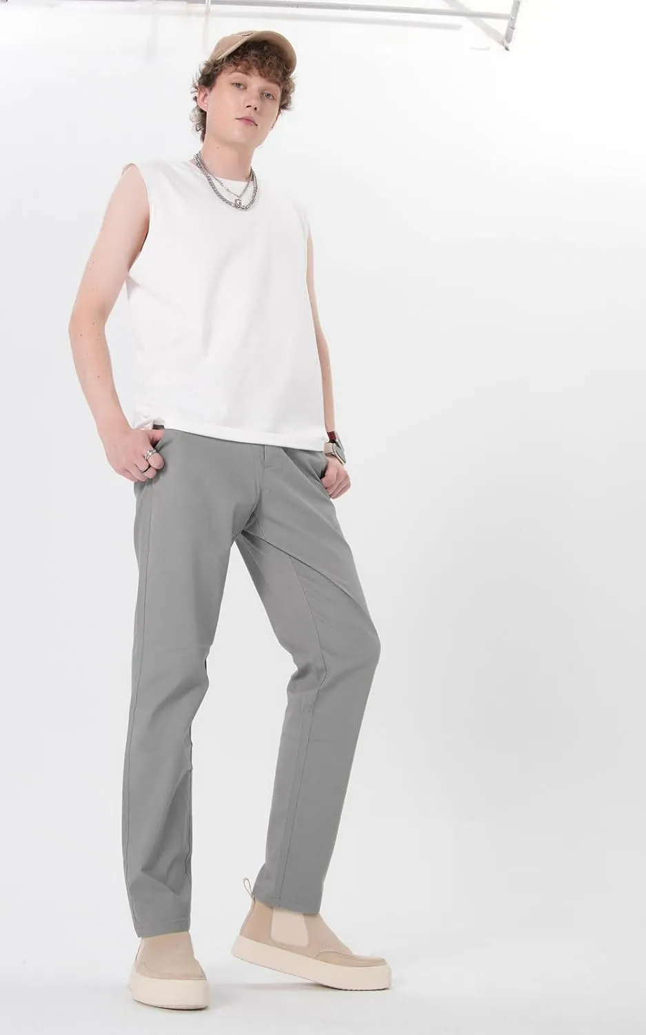 Plaid&Plain Mens Slim Fit Khaki Pants Mens Tapered Chino Pants