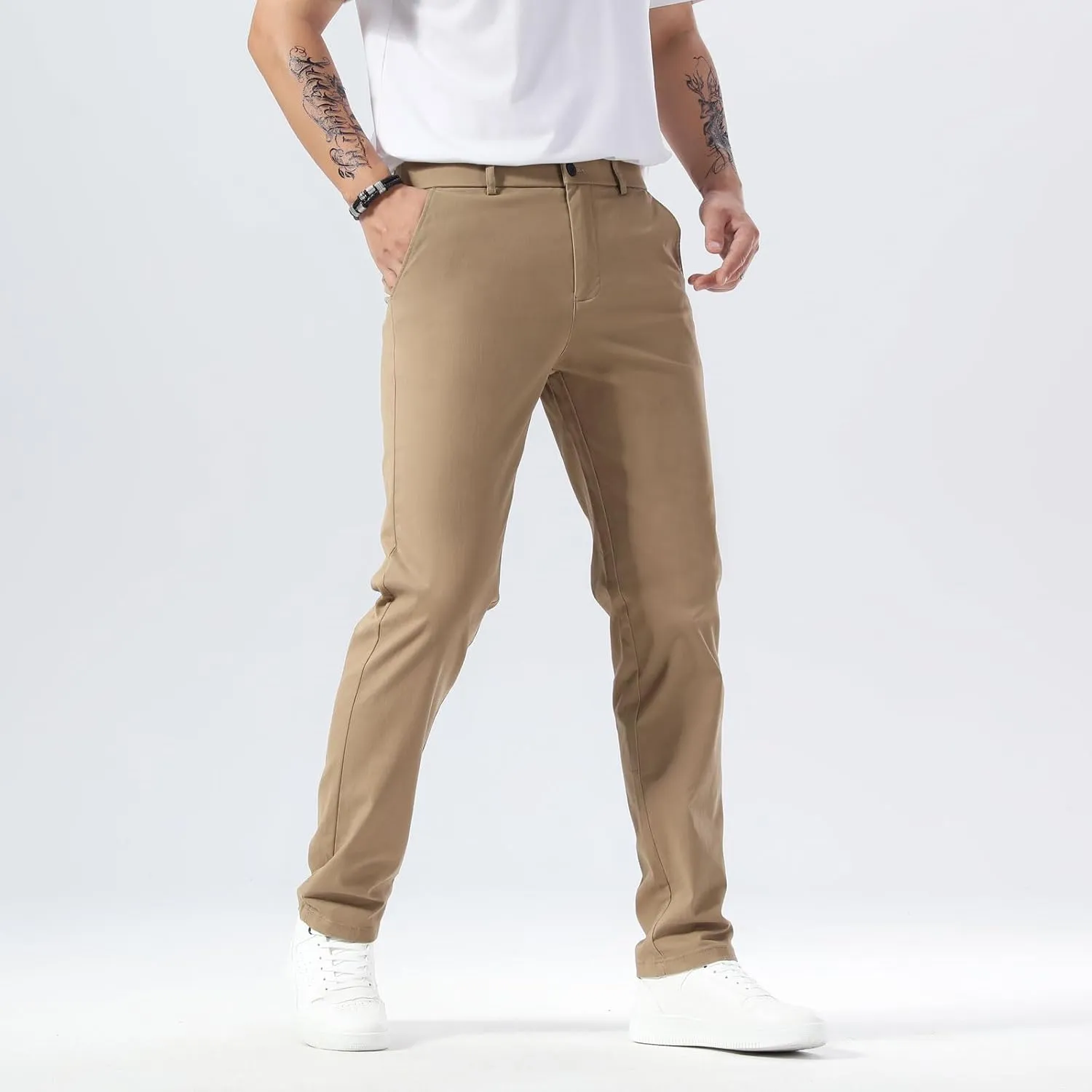 Plaid&Plain Mens Slim Fit Khaki Pants Mens Tapered Chino Pants