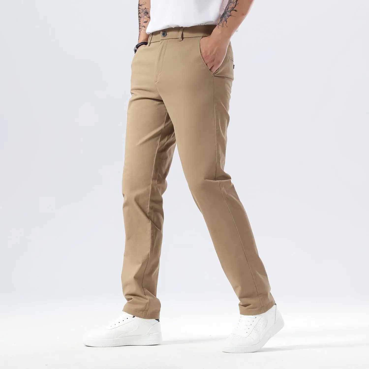 Plaid&Plain Mens Slim Fit Khaki Pants Mens Tapered Chino Pants