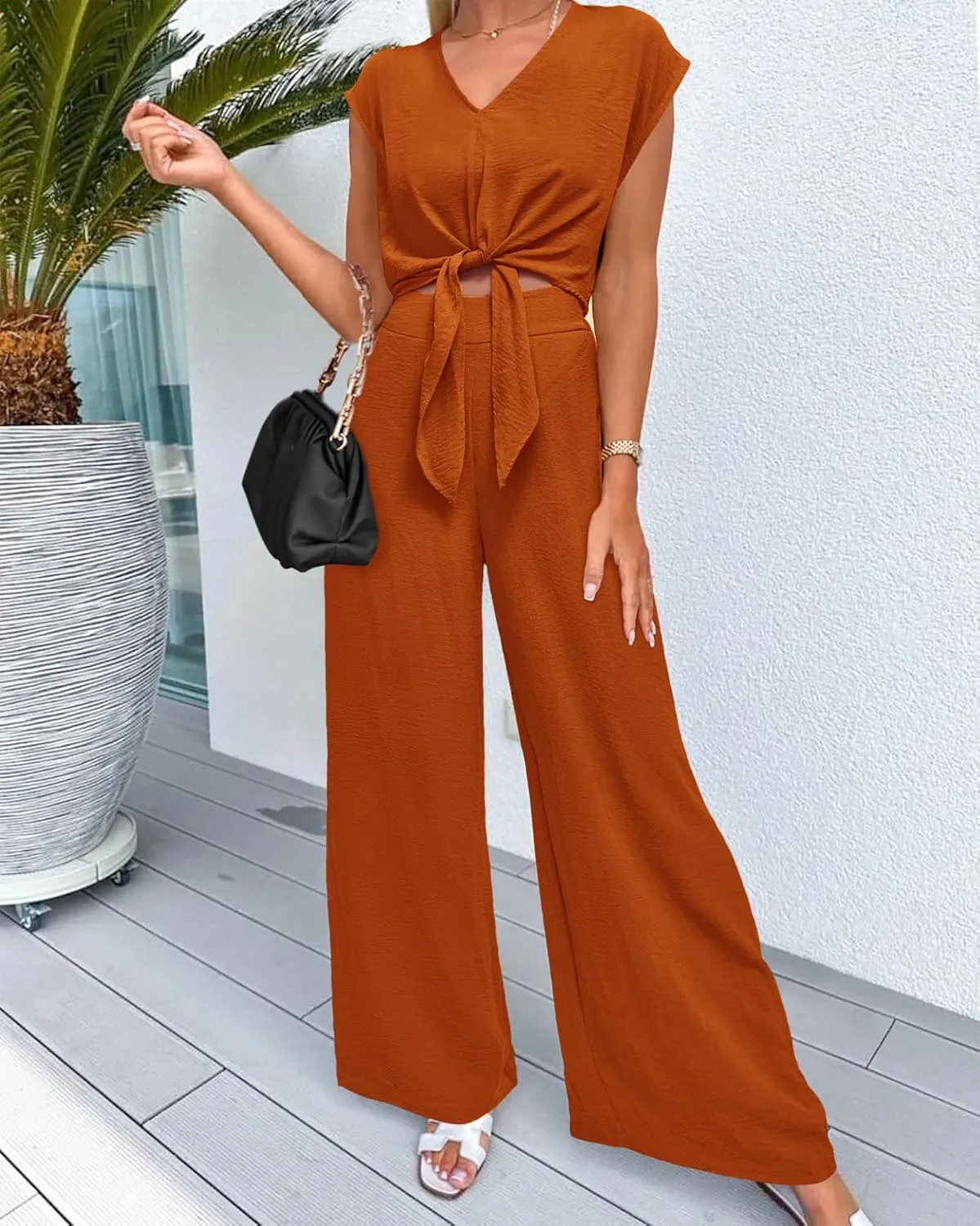 PRETTYGARDEN Women's Summer 2 Piece Outfits 2025 Cap Sleeve V Neck Belted Crop Tops Wide Leg Pant Sets Casual Tracksuit