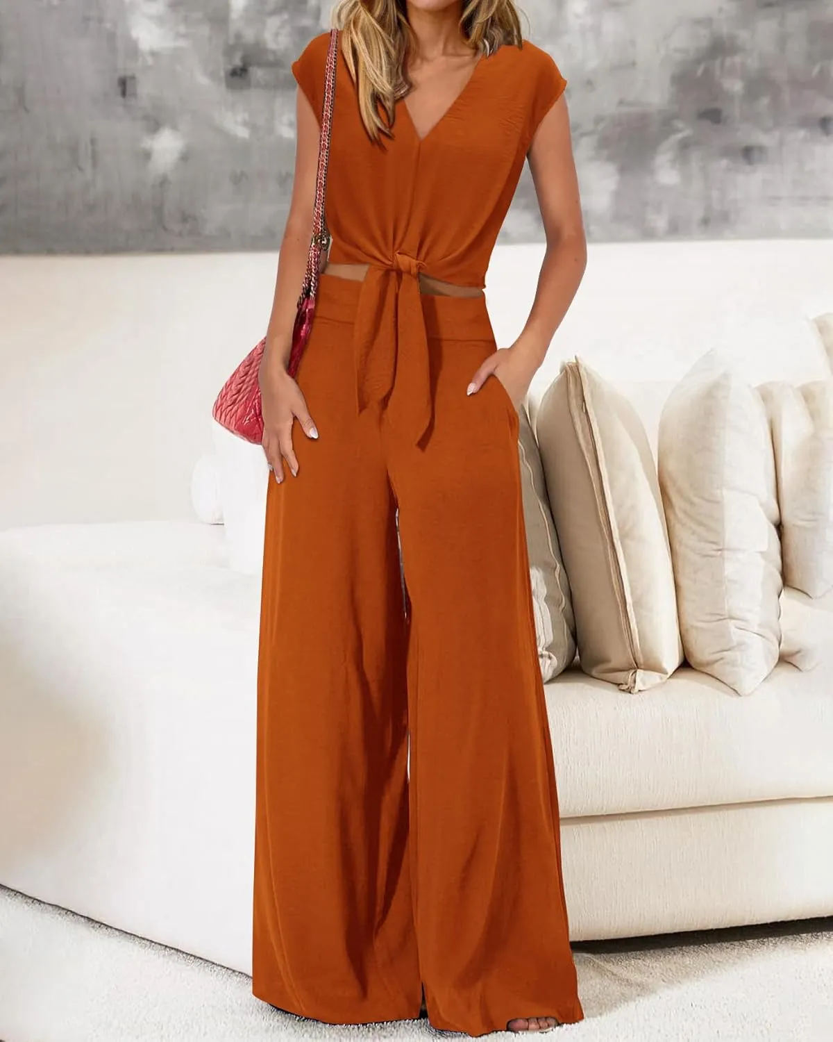 PRETTYGARDEN Women's Summer 2 Piece Outfits 2025 Cap Sleeve V Neck Belted Crop Tops Wide Leg Pant Sets Casual Tracksuit