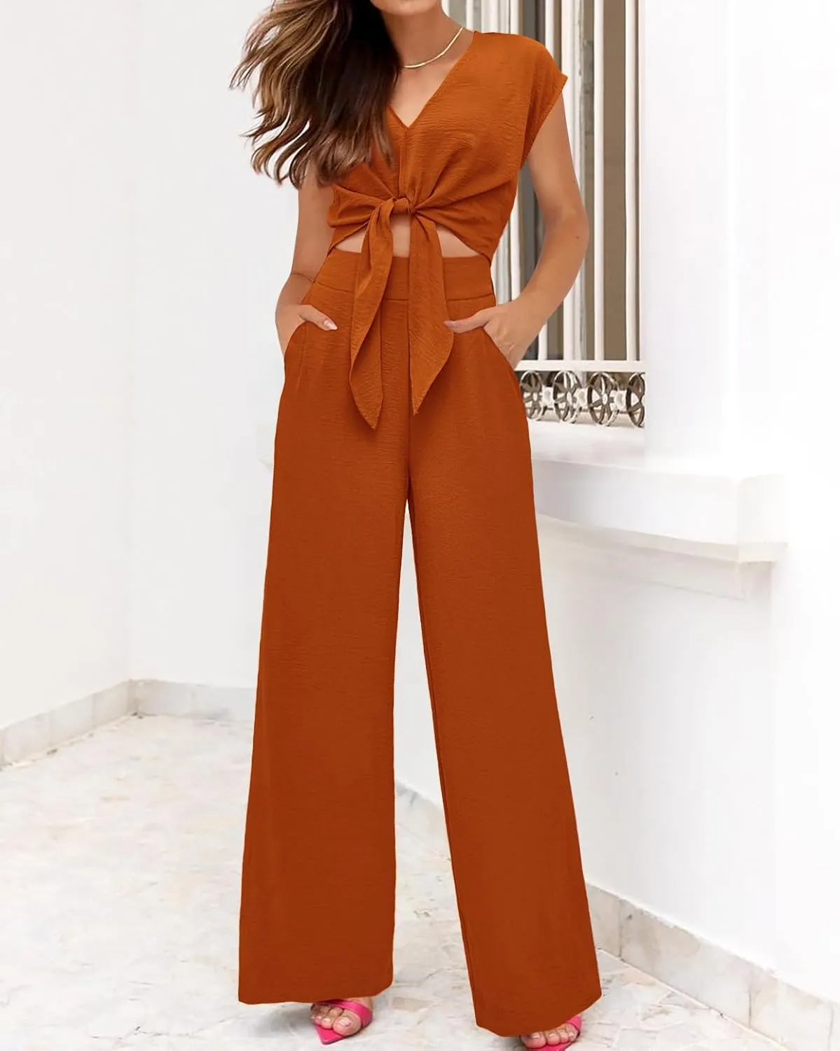 PRETTYGARDEN Women's Summer 2 Piece Outfits 2025 Cap Sleeve V Neck Belted Crop Tops Wide Leg Pant Sets Casual Tracksuit