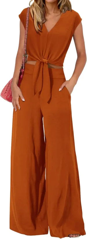 PRETTYGARDEN Women's Summer 2 Piece Outfits 2025 Cap Sleeve V Neck Belted Crop Tops Wide Leg Pant Sets Casual Tracksuit