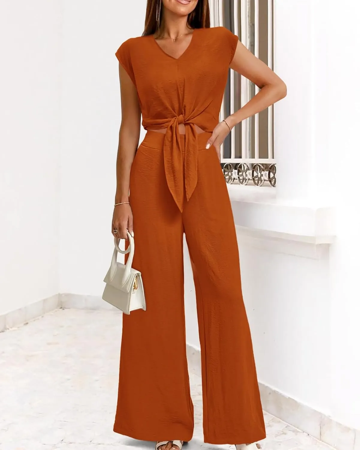 PRETTYGARDEN Women's Summer 2 Piece Outfits 2025 Cap Sleeve V Neck Belted Crop Tops Wide Leg Pant Sets Casual Tracksuit