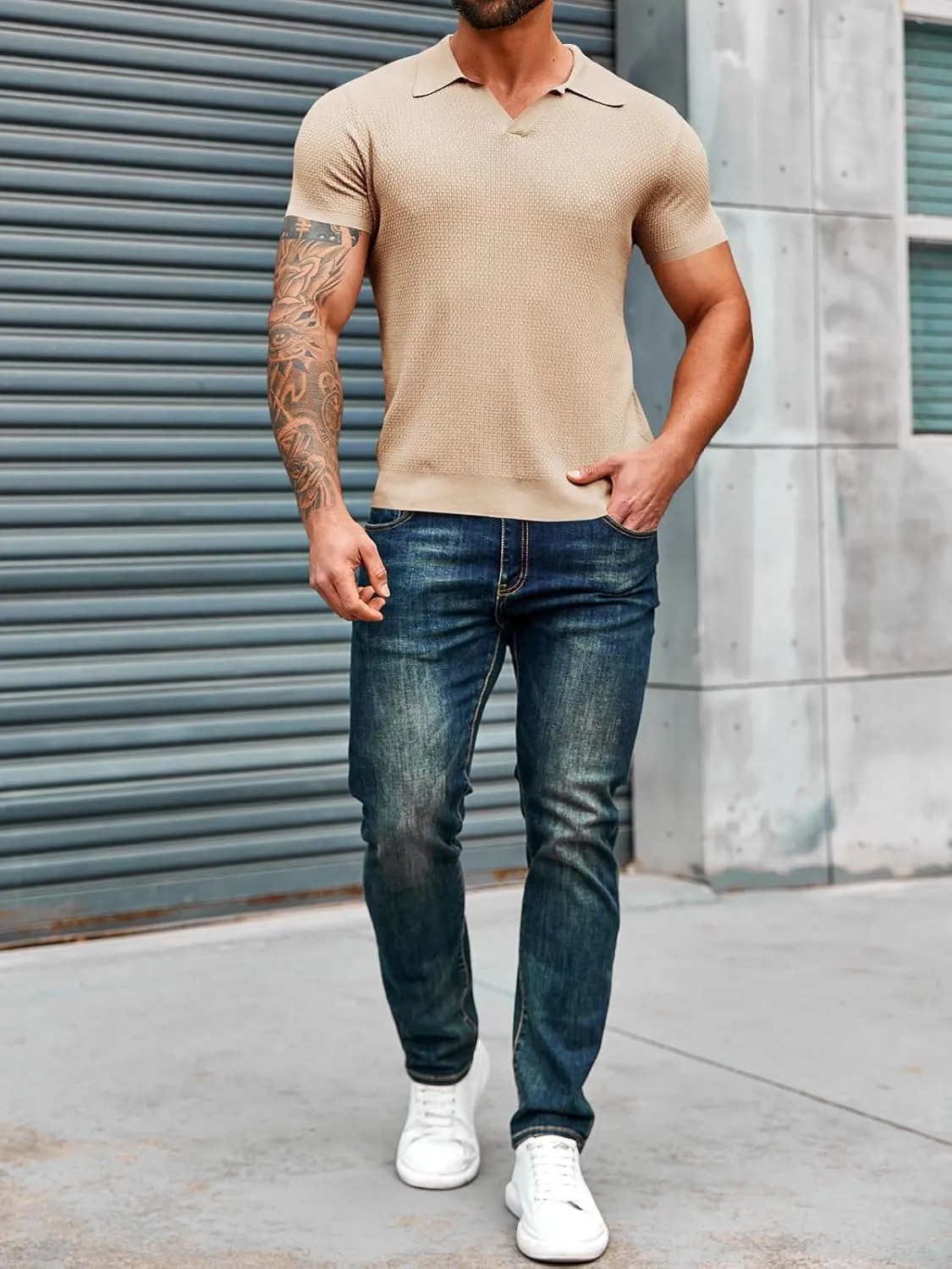 Runcati Mens Knitted Polo Shirt Muscle Short Sleeve V Neck Stretch Casual Slim Fit Vintage Ribbed Golf T-Shirt