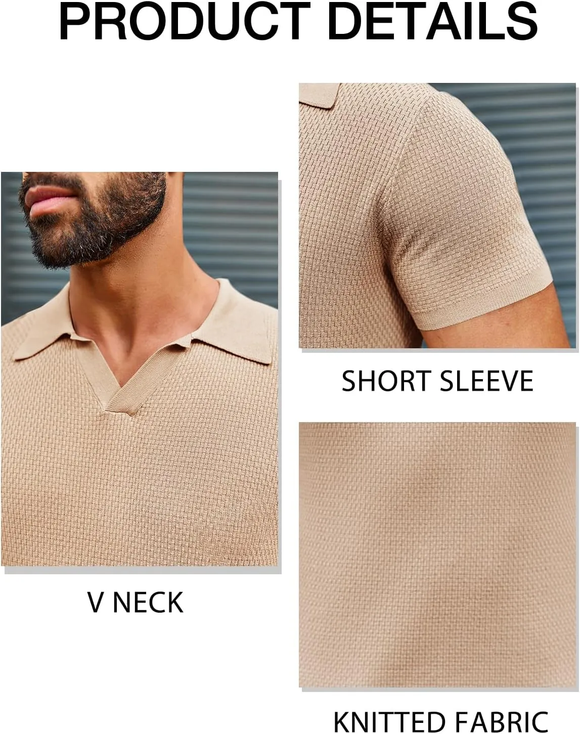 Runcati Mens Knitted Polo Shirt Muscle Short Sleeve V Neck Stretch Casual Slim Fit Vintage Ribbed Golf T-Shirt