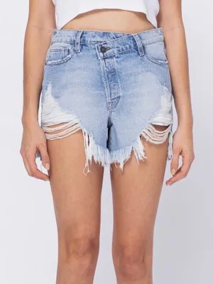 SOFIE CROSSOVER DENIM SHORTS IN BLUE