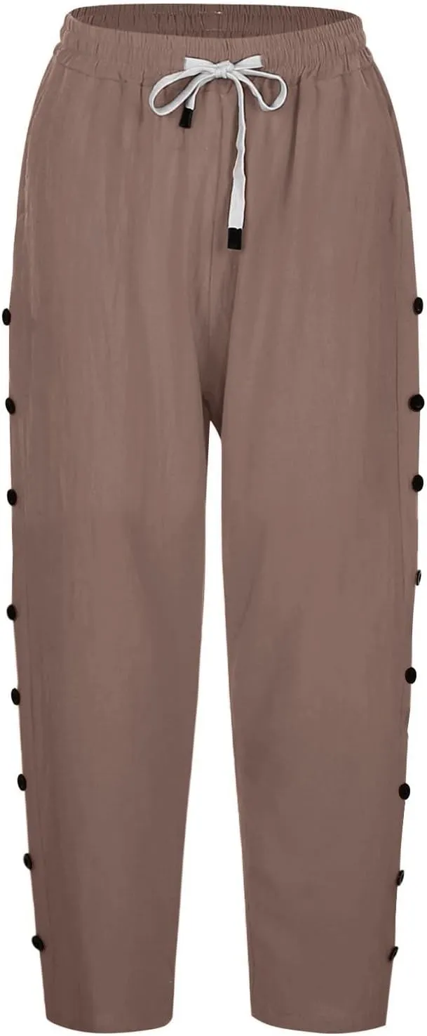 Summer Linen Pants Drawstring Women Buttons Plus Size Lightweight Trousers Womens Flowy Pants with Pockets 2025