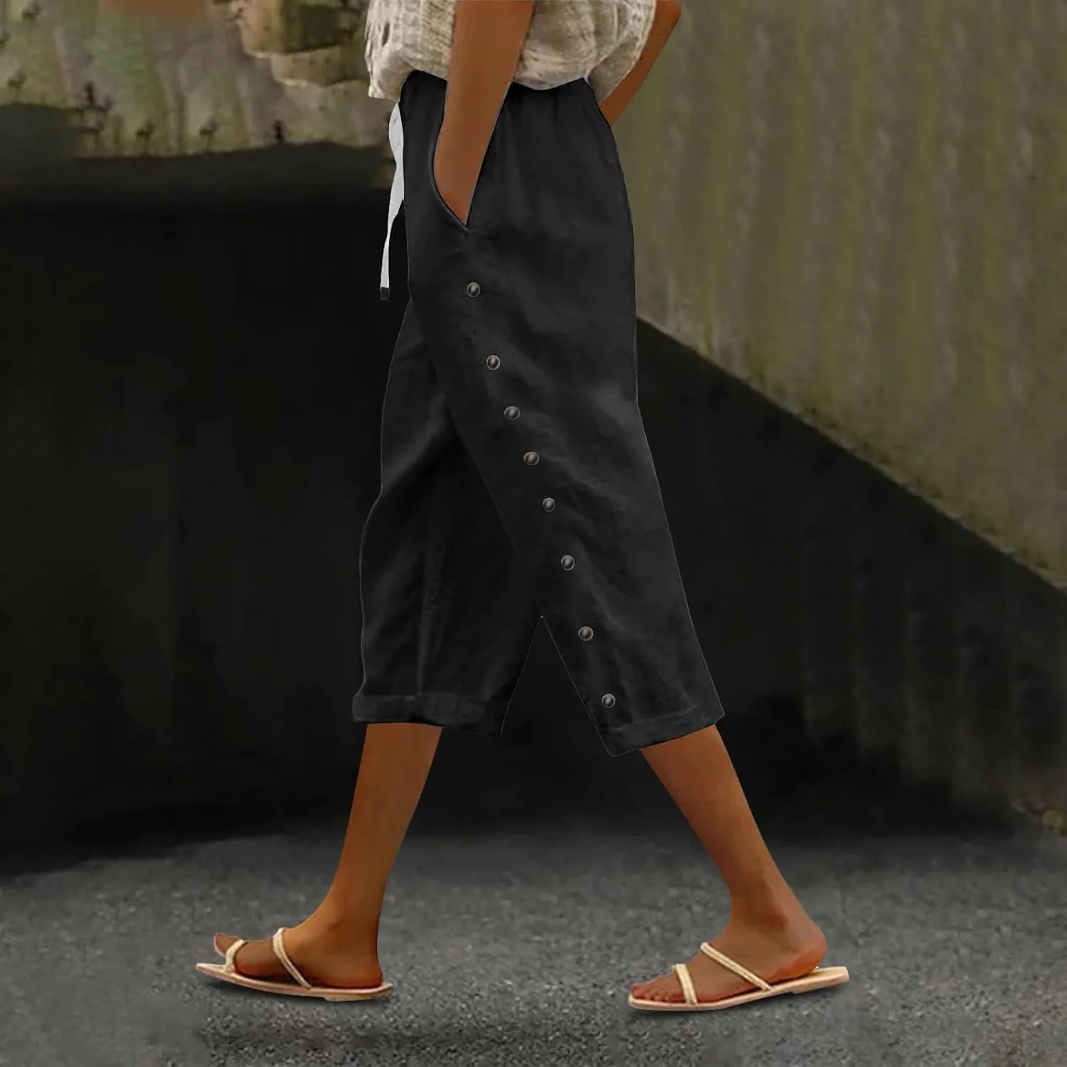 Summer Linen Pants Drawstring Women Buttons Plus Size Lightweight Trousers Womens Flowy Pants with Pockets 2025