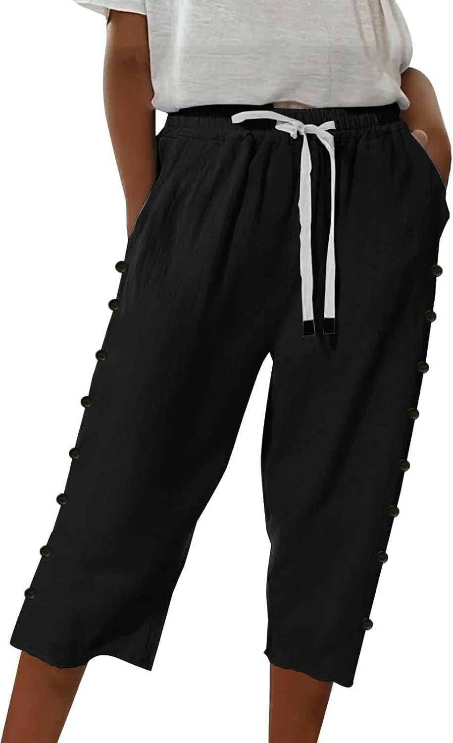 Summer Linen Pants Drawstring Women Buttons Plus Size Lightweight Trousers Womens Flowy Pants with Pockets 2025