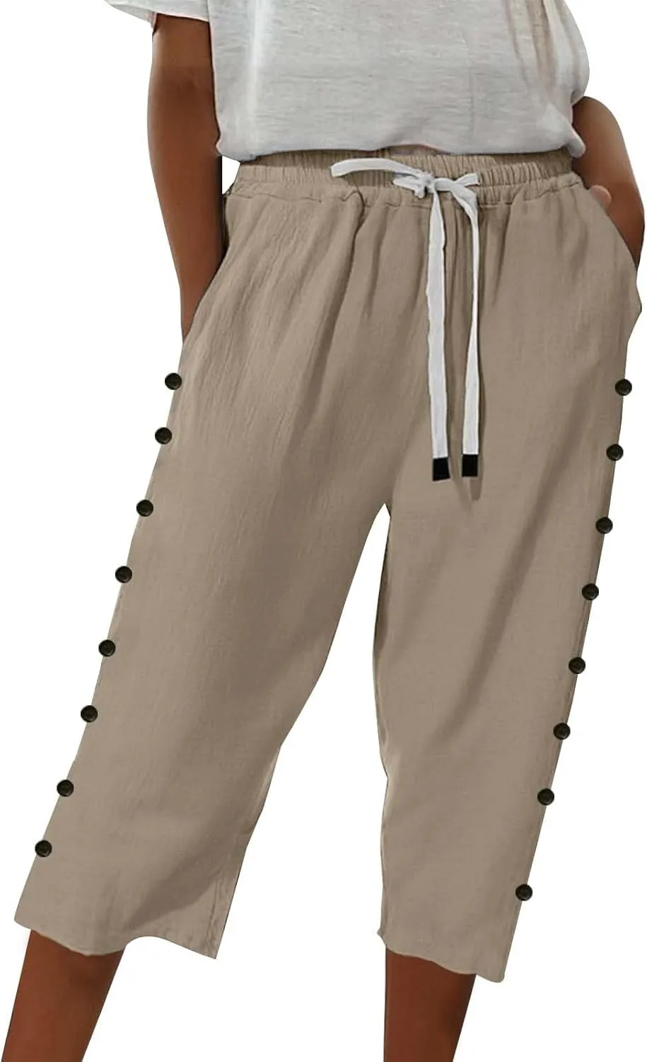 Summer Linen Pants Drawstring Women Buttons Plus Size Lightweight Trousers Womens Flowy Pants with Pockets 2025