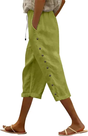 Summer Linen Pants Drawstring Women Buttons Plus Size Lightweight Trousers Womens Flowy Pants with Pockets 2025