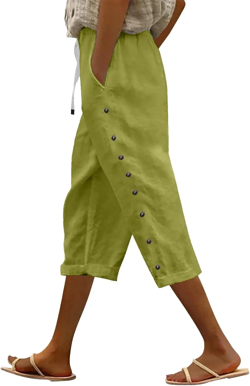 Summer Linen Pants Drawstring Women Buttons Plus Size Lightweight Trousers Womens Flowy Pants with Pockets 2025