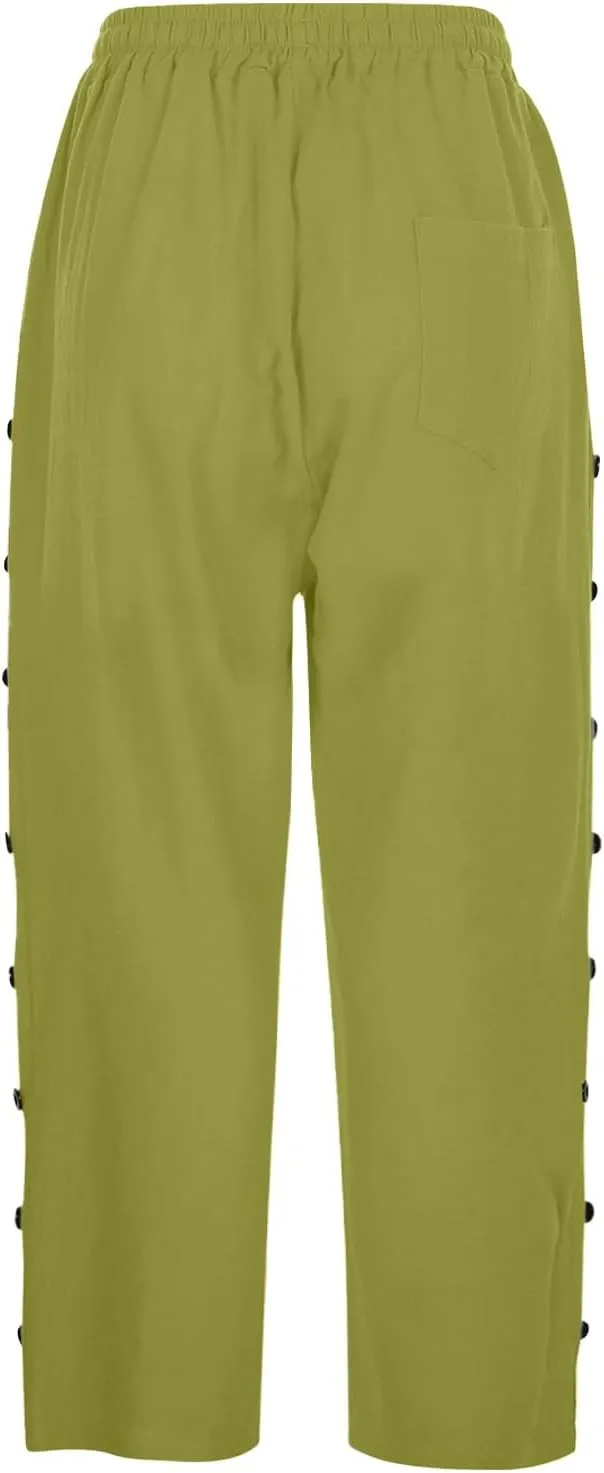 Summer Linen Pants Drawstring Women Buttons Plus Size Lightweight Trousers Womens Flowy Pants with Pockets 2025