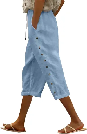 Summer Linen Pants Drawstring Women Buttons Plus Size Lightweight Trousers Womens Flowy Pants with Pockets 2025