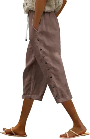 Summer Linen Pants Drawstring Women Buttons Plus Size Lightweight Trousers Womens Flowy Pants with Pockets 2025