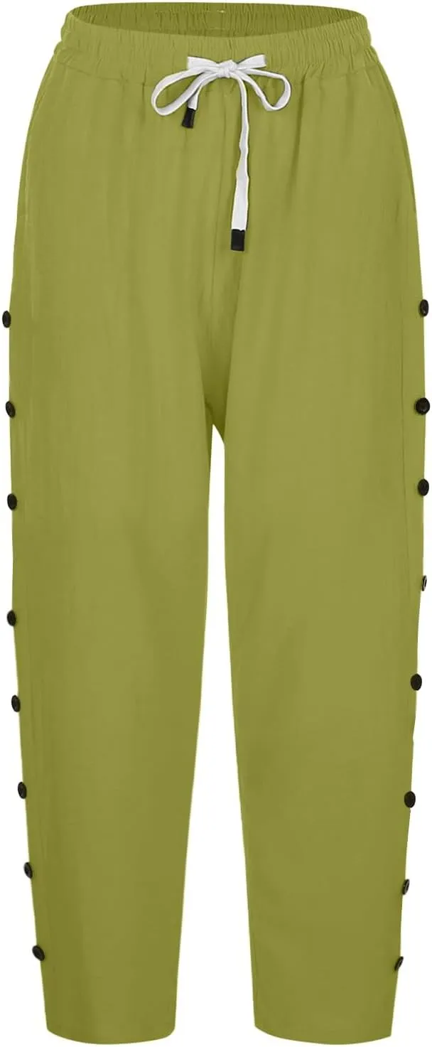 Summer Linen Pants Drawstring Women Buttons Plus Size Lightweight Trousers Womens Flowy Pants with Pockets 2025