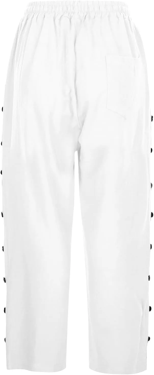 Summer Linen Pants Drawstring Women Buttons Plus Size Lightweight Trousers Womens Flowy Pants with Pockets 2025