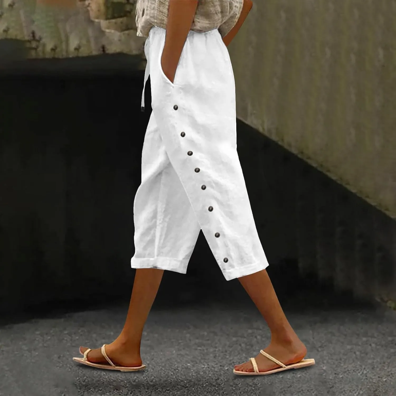 Summer Linen Pants Drawstring Women Buttons Plus Size Lightweight Trousers Womens Flowy Pants with Pockets 2025