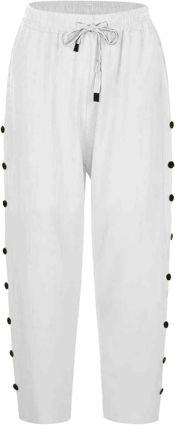 Summer Linen Pants Drawstring Women Buttons Plus Size Lightweight Trousers Womens Flowy Pants with Pockets 2025