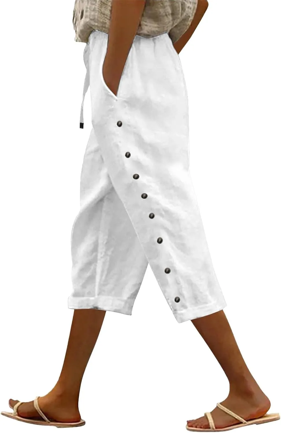 Summer Linen Pants Drawstring Women Buttons Plus Size Lightweight Trousers Womens Flowy Pants with Pockets 2025