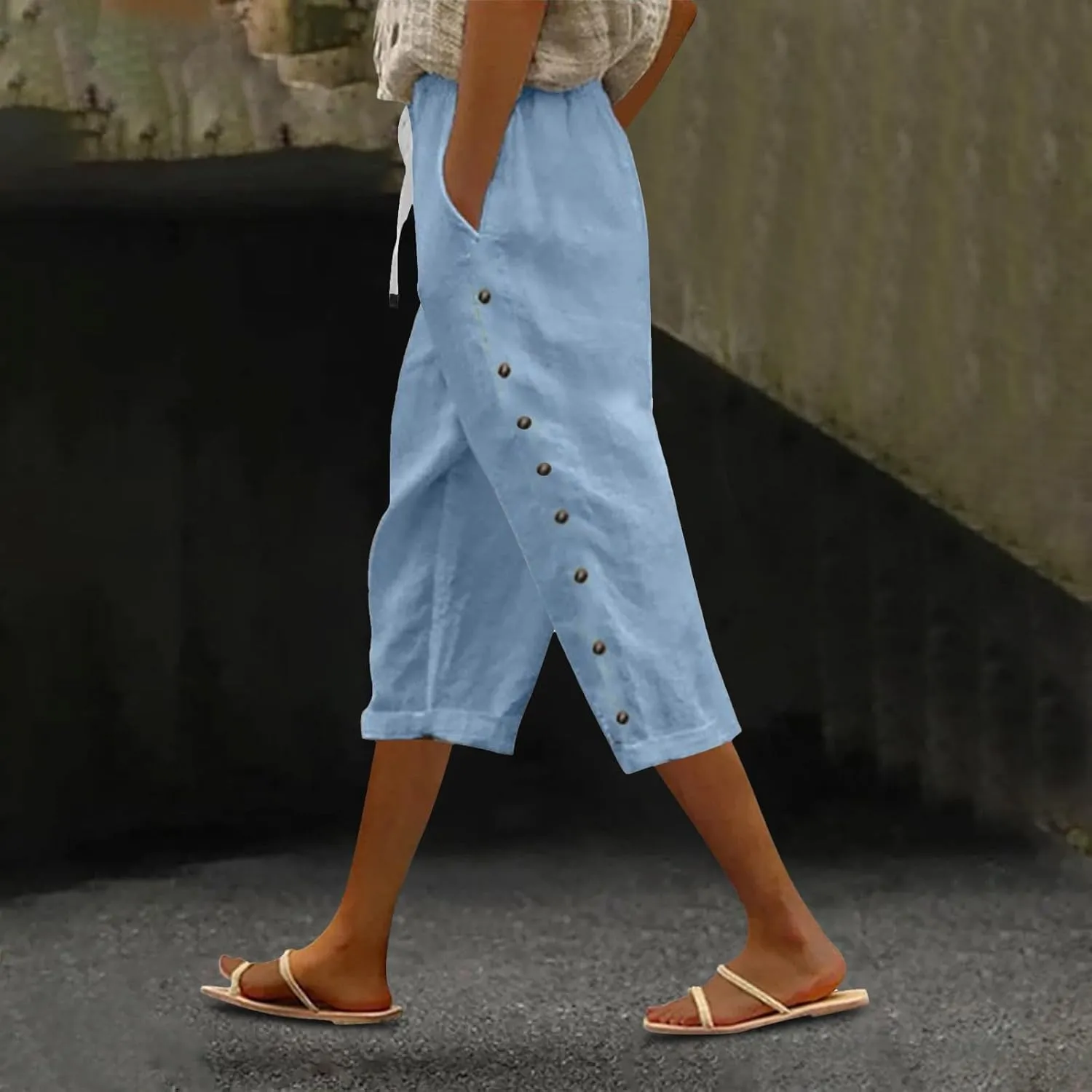 Summer Linen Pants Drawstring Women Buttons Plus Size Lightweight Trousers Womens Flowy Pants with Pockets 2025