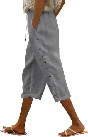 Summer Linen Pants Drawstring Women Buttons Plus Size Lightweight Trousers Womens Flowy Pants with Pockets 2025