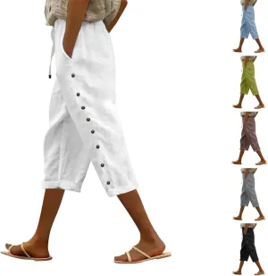 Summer Linen Pants Drawstring Women Buttons Plus Size Lightweight Trousers Womens Flowy Pants with Pockets 2025