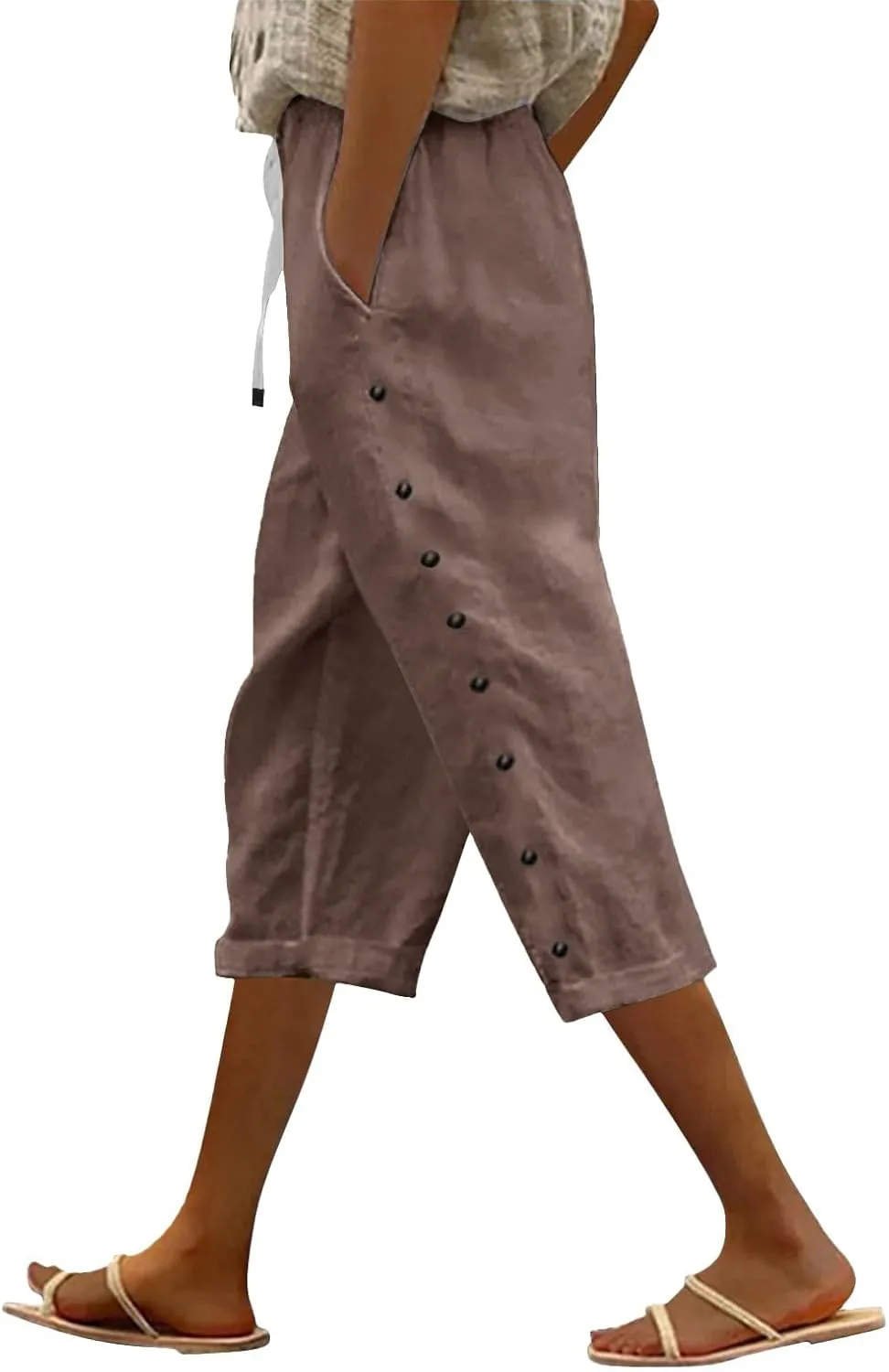 Summer Linen Pants Drawstring Women Buttons Plus Size Lightweight Trousers Womens Flowy Pants with Pockets 2025