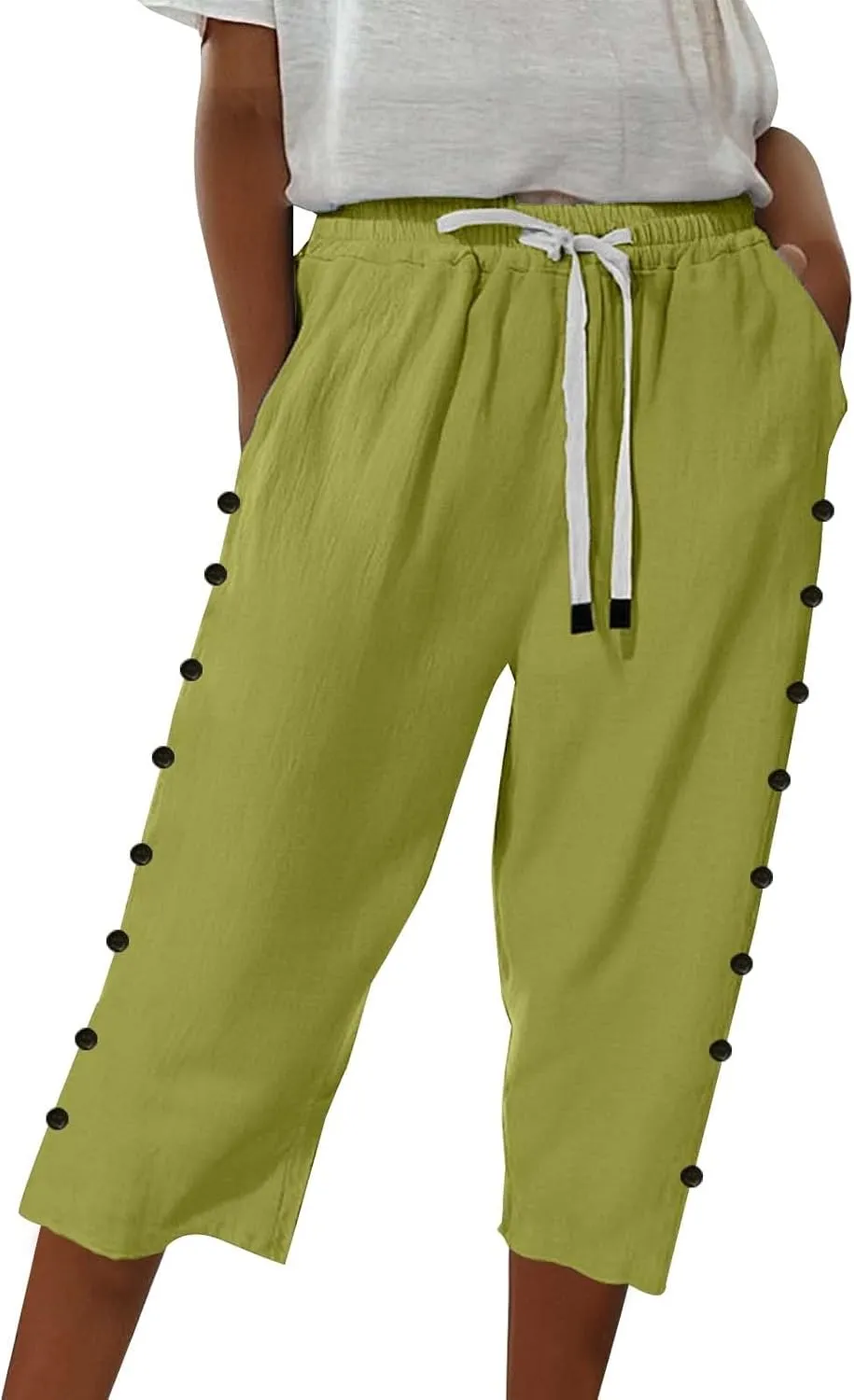 Summer Linen Pants Drawstring Women Buttons Plus Size Lightweight Trousers Womens Flowy Pants with Pockets 2025