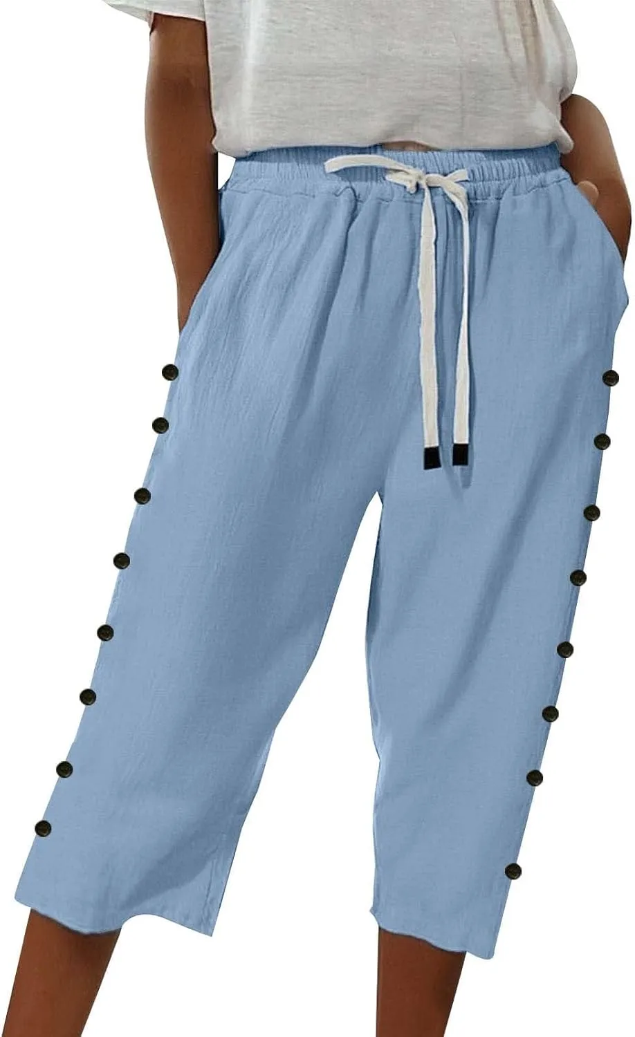 Summer Linen Pants Drawstring Women Buttons Plus Size Lightweight Trousers Womens Flowy Pants with Pockets 2025