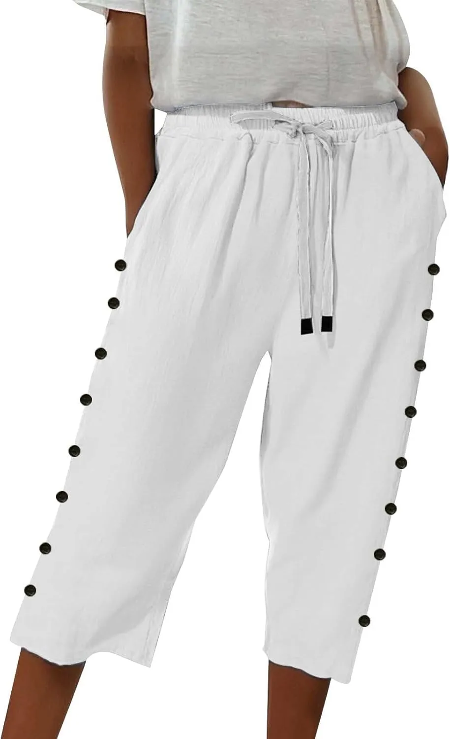 Summer Linen Pants Drawstring Women Buttons Plus Size Lightweight Trousers Womens Flowy Pants with Pockets 2025