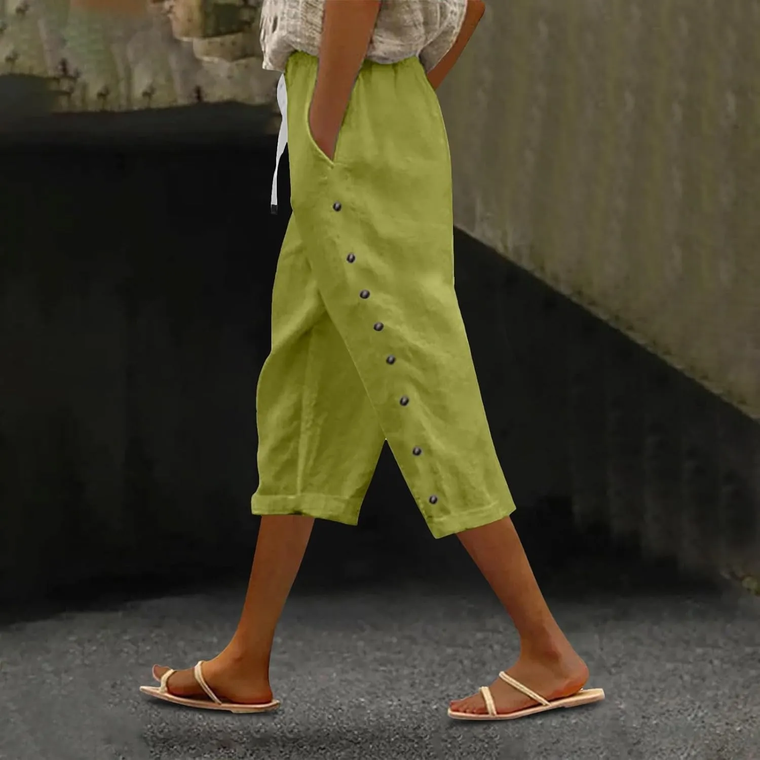 Summer Linen Pants Drawstring Women Buttons Plus Size Lightweight Trousers Womens Flowy Pants with Pockets 2025