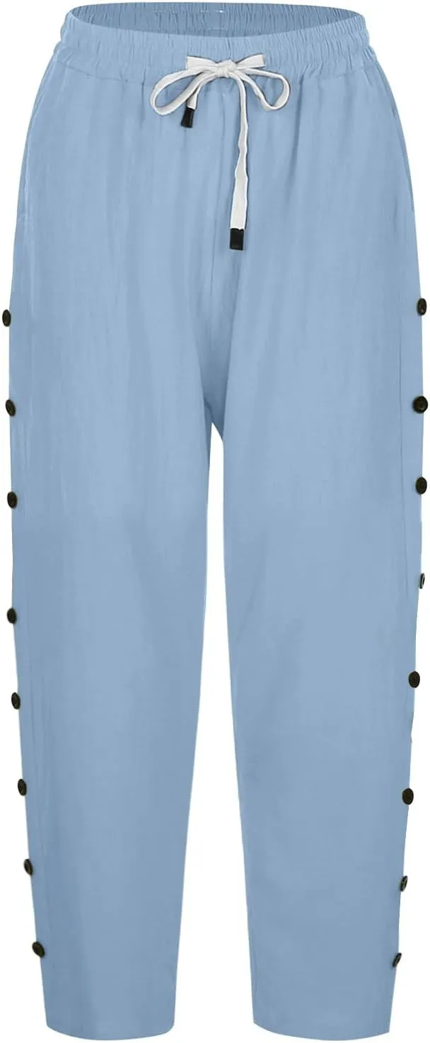 Summer Linen Pants Drawstring Women Buttons Plus Size Lightweight Trousers Womens Flowy Pants with Pockets 2025