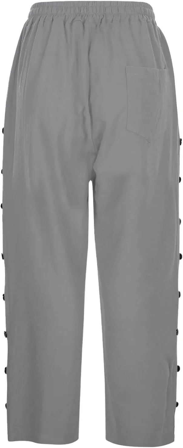 Summer Linen Pants Drawstring Women Buttons Plus Size Lightweight Trousers Womens Flowy Pants with Pockets 2025