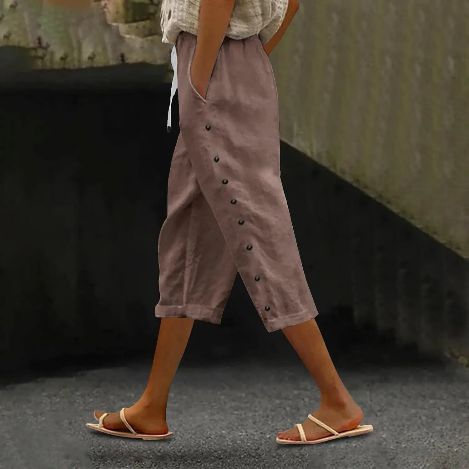 Summer Linen Pants Drawstring Women Buttons Plus Size Lightweight Trousers Womens Flowy Pants with Pockets 2025