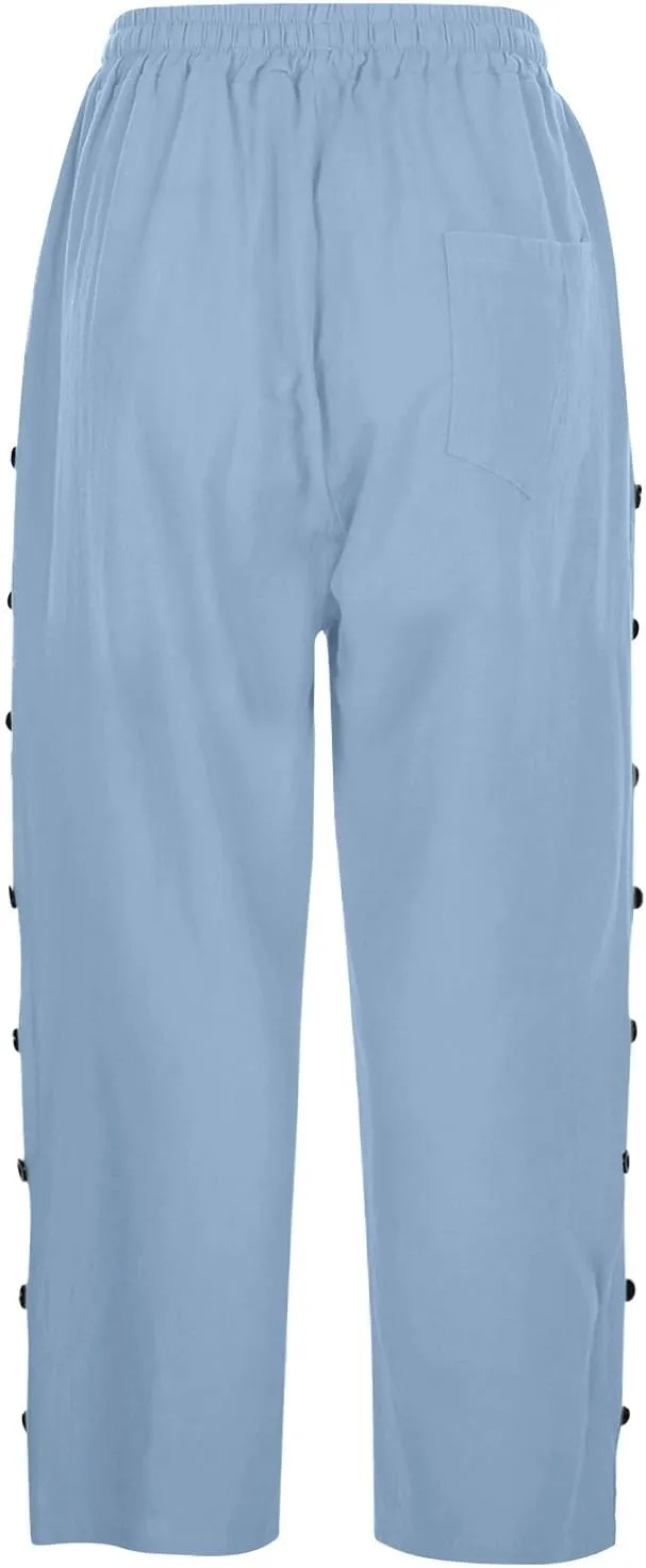 Summer Linen Pants Drawstring Women Buttons Plus Size Lightweight Trousers Womens Flowy Pants with Pockets 2025