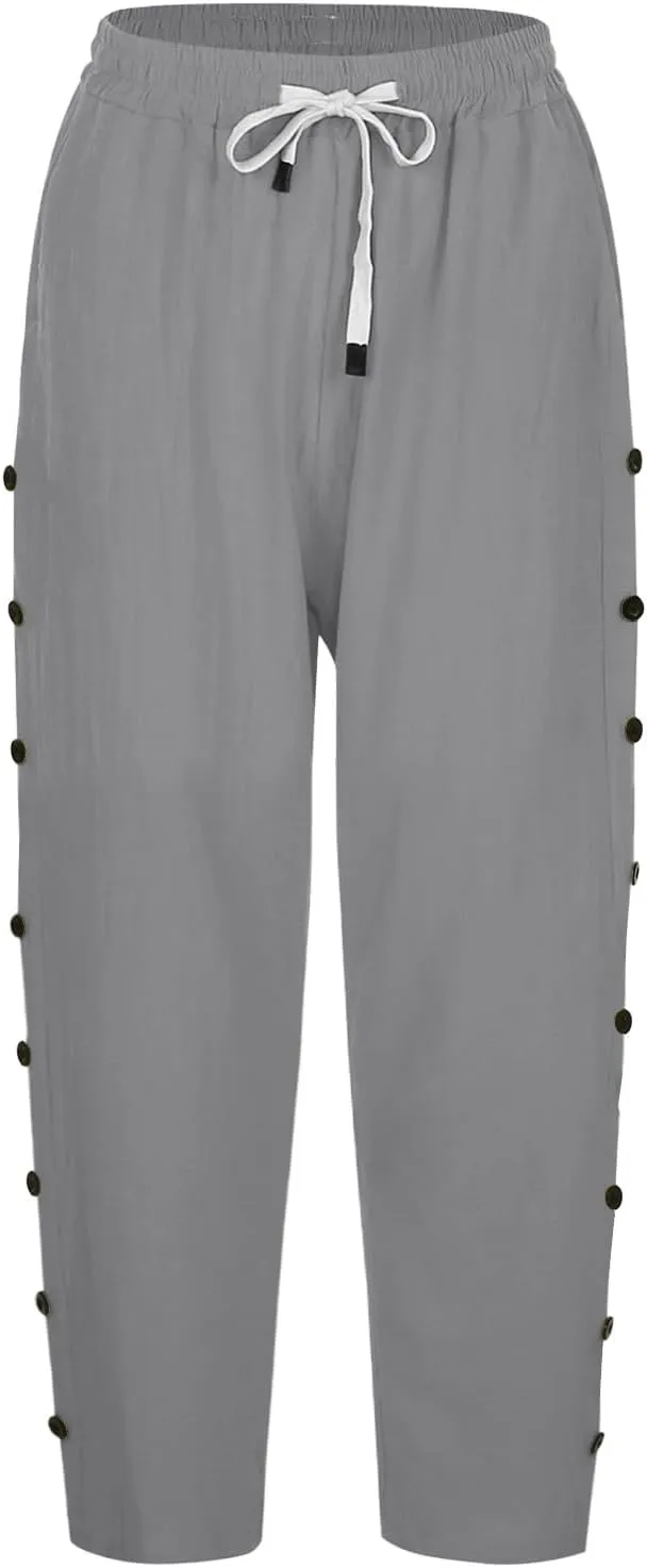 Summer Linen Pants Drawstring Women Buttons Plus Size Lightweight Trousers Womens Flowy Pants with Pockets 2025